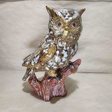 Vintage 15" Large Ceramic Owl on Branch Log MCM Brown White Glazed