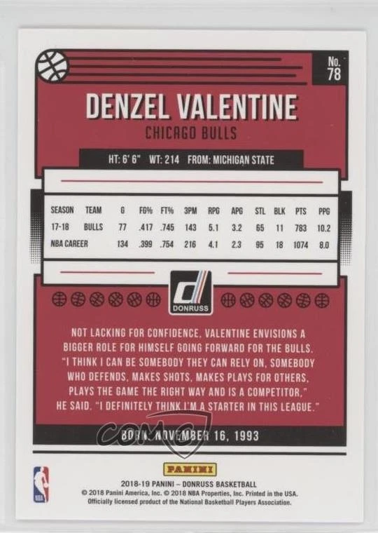 2018-19 Panini Donruss Press Proof Purple /199 Denzel Valentine #78 - Image 2 of 2