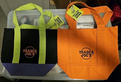 Trader Joe's Mini Halloween Canvas Tote Bag Ltd Ed. Lot Of 2 - Black & Orange