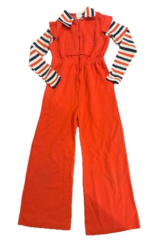 VTG 70s Girls Polyester Jumpsuit Zip 5 6 Red Blue Flare Leg Bell Bottoms FLAW