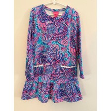 Lilly Pulitzer Girls Pink Blue Seashell Print Long Sleeve Dress Size L 8-10