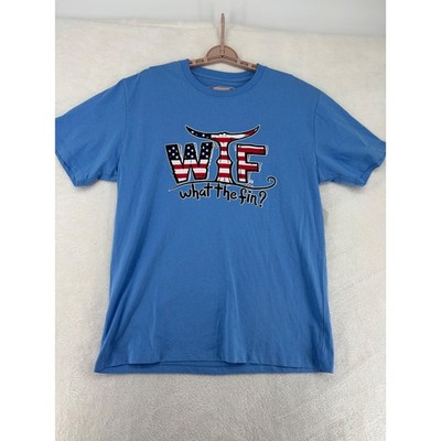 What The Fin WTF American Flag Logo Performance T-Shirt Azure Blue Men Large NEW