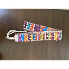 Vtg Guatemalan Handwoven Embroidered Sash Belt White Colorful 1970s Cotton
