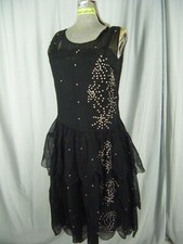 Antique 1920s Black Sheer Silk Sleeveless Rhinestones Flapper Dress-Bust 36/S