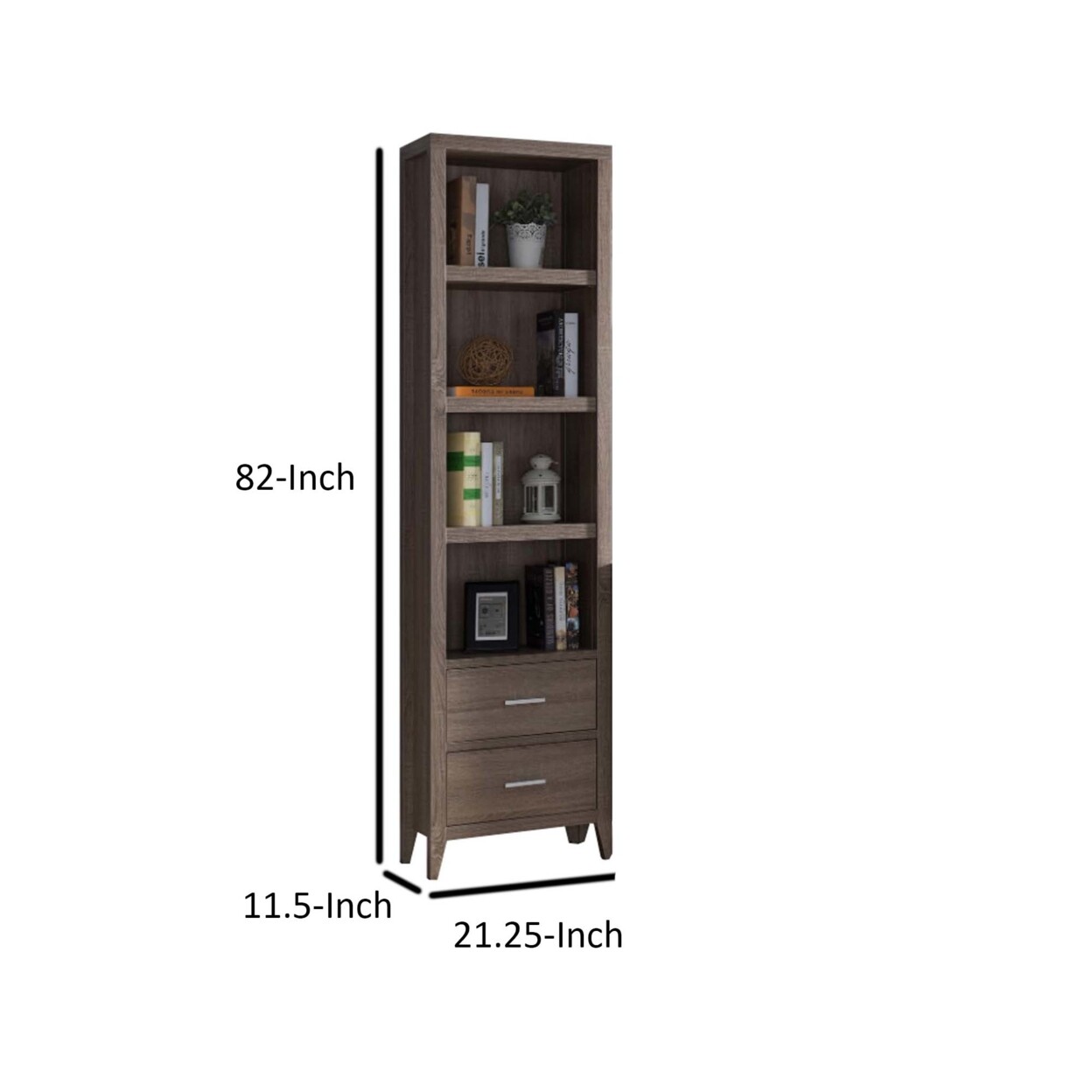Wooden Media Tower With Four Open Shelves And Two Drawers, Dark Taupe Brown-