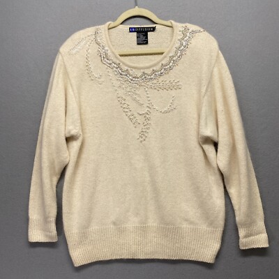 Vintage Sweater Womens Large Cream Beaded Silk Angora Wool Blend IB Diffusion