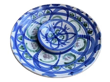 Gorgeous Signed Stoneware Pottery One Piece Chip & Dip Bowl Server Blue Green