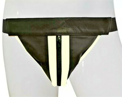 Men's Leather Jockstrap White Stripes Real Genuine Leather Zipper Jocks New 