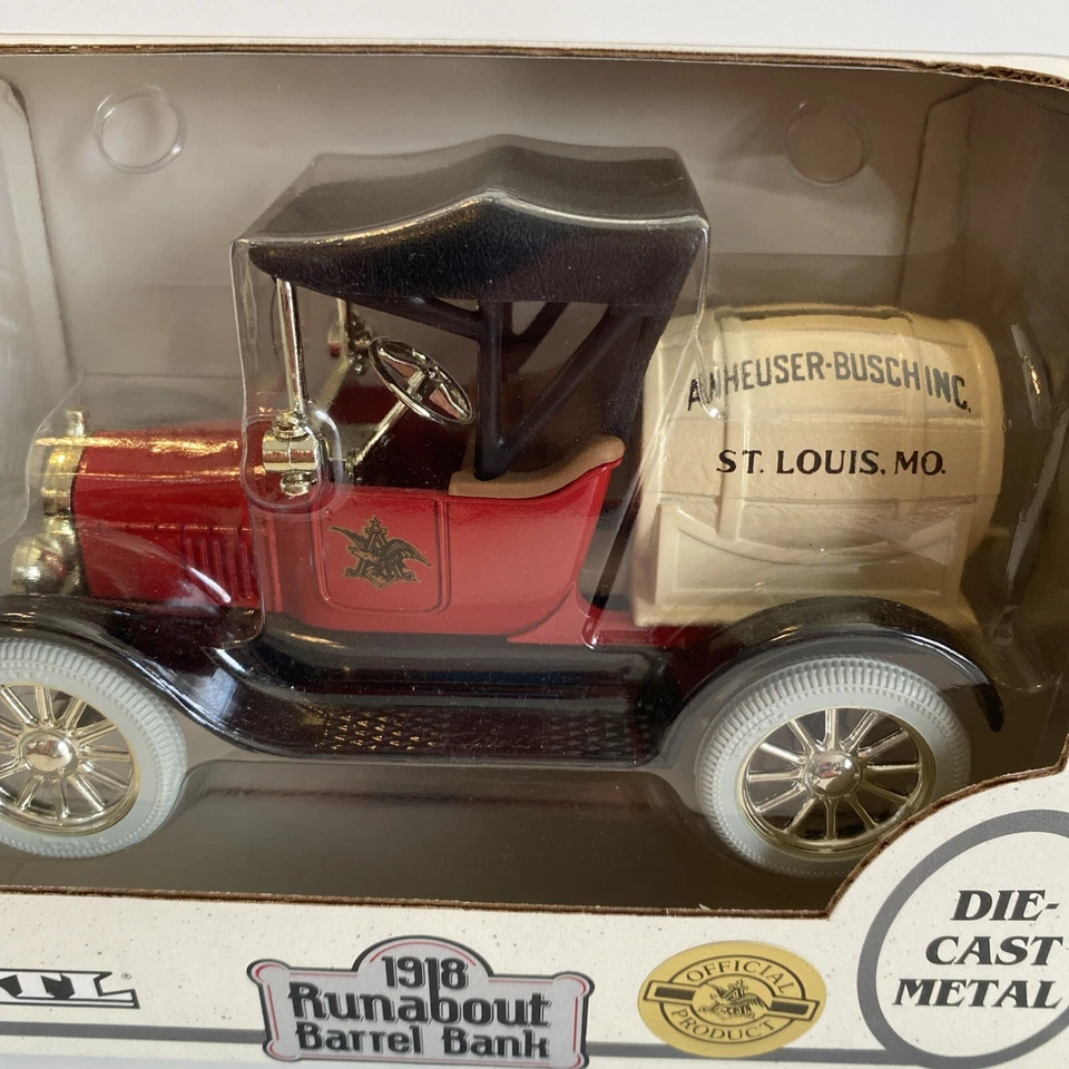 Vintage ERTL Die Cast Beer Truck Bank 1918 Runabout Barrel Anheuser Busch NOS - Image 2 of 4
