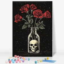 Framed Paint by Numbers Kit for Adults Beginner, Skull and Roses Easy Paint by N