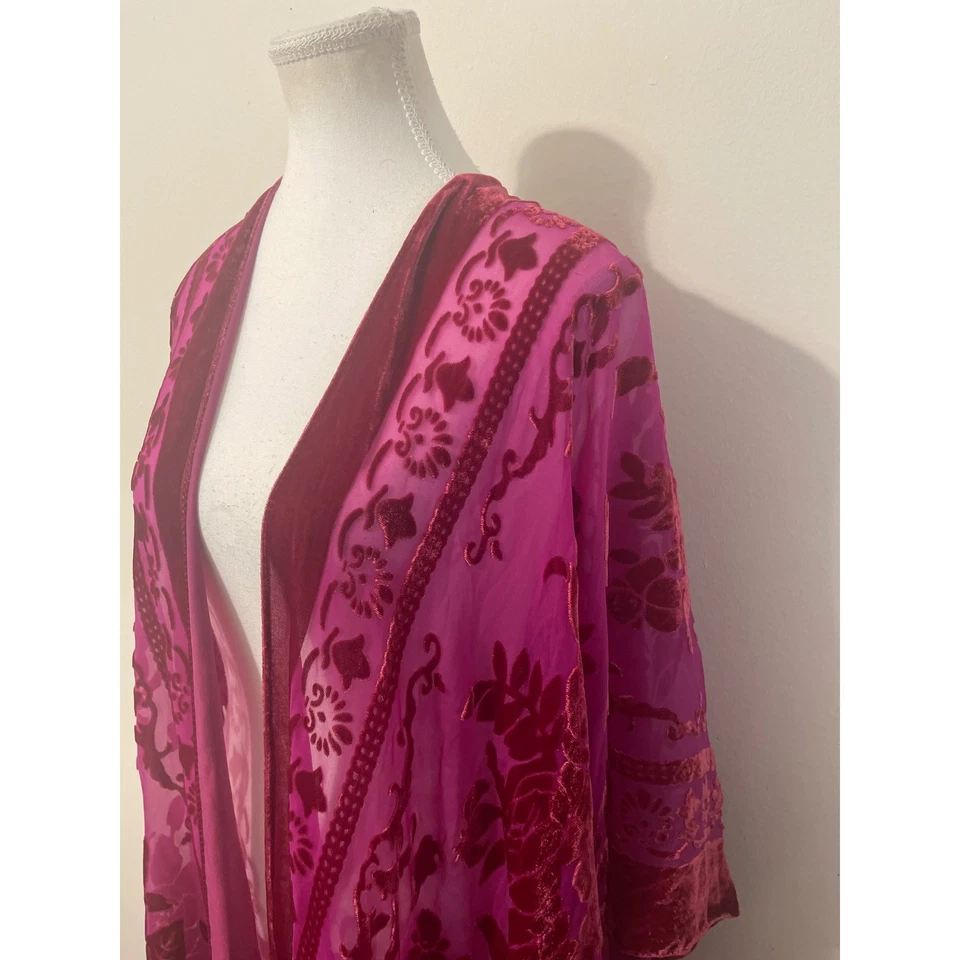 Mujer Boho Hippie Terciopelo Burnout Floral Kimono Plumero Fucsia Rojo Borlas OS Foto 2 de 4