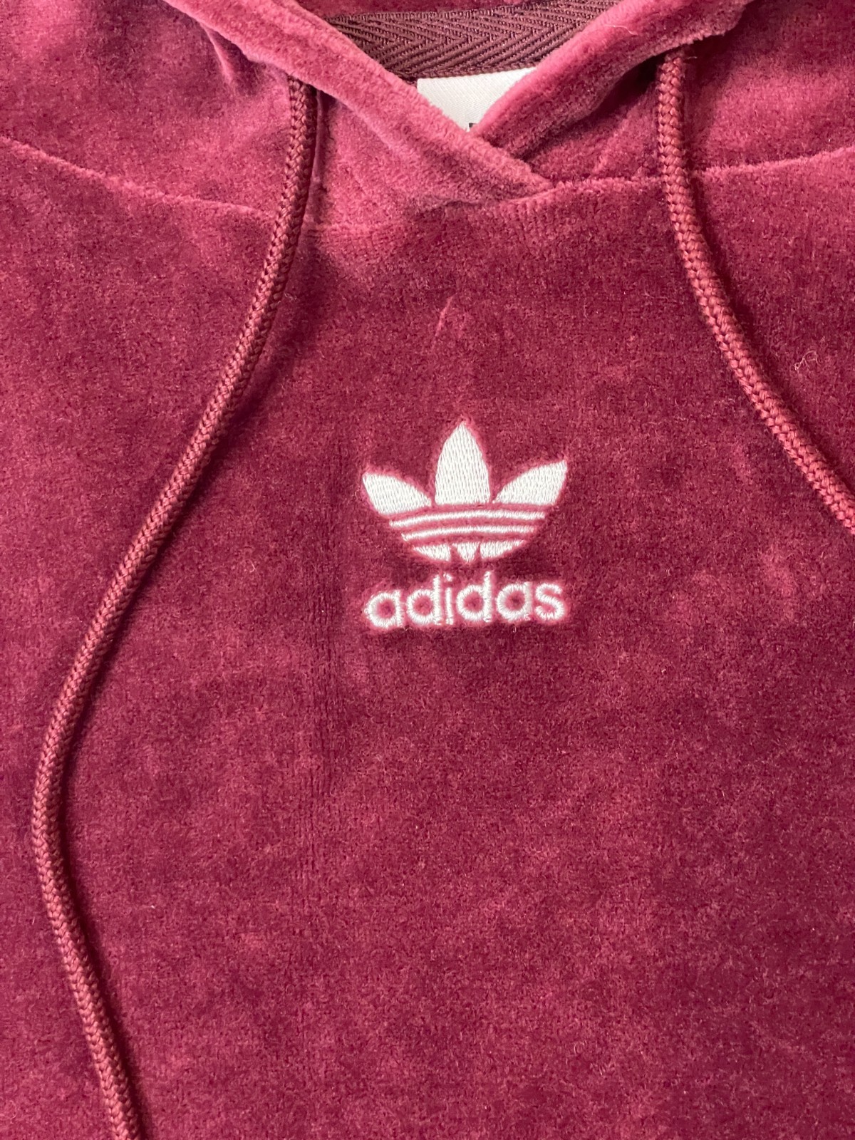 Adidas Velour Hoodie Womens S Maroon 3 Stripe Velvet Drawstring Y2K Style Jacket thumbnail 3
