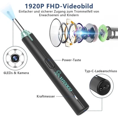 VITCOCO 1920P Wifi Ohrreiniger,360°-Weitwinkel Otoskop Kamera mit 6 LEDs