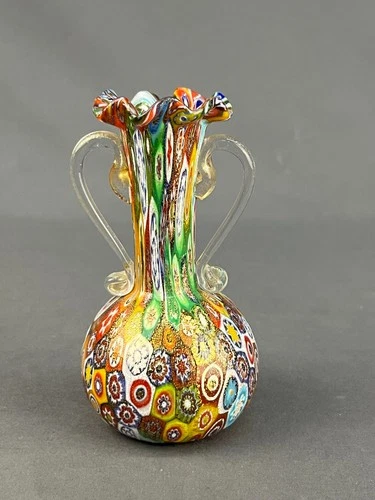 Murano GOLDEN QUILT MILLEFIORI Miniature 4 1/4" Vase with handles