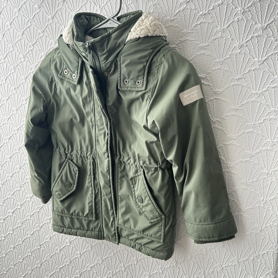 Abercrombie & Fitch Jacket Girls 5/6 Green Utility Kids Sherpa Hooded Outdoor - Image 3 of 4
