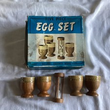 Vintage Ceramic & Wood Egg Cups Holders 1960's Retro Pattern kitchen time Easter