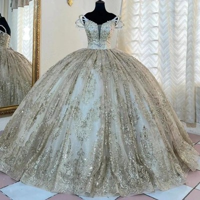 Light Champagne Shiny Quinceanera Dresses Ball Gown Off The Shoulder Sequin