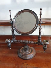 Antique Georgian dressing / shaving Mirror + candle holders round bobbin turned