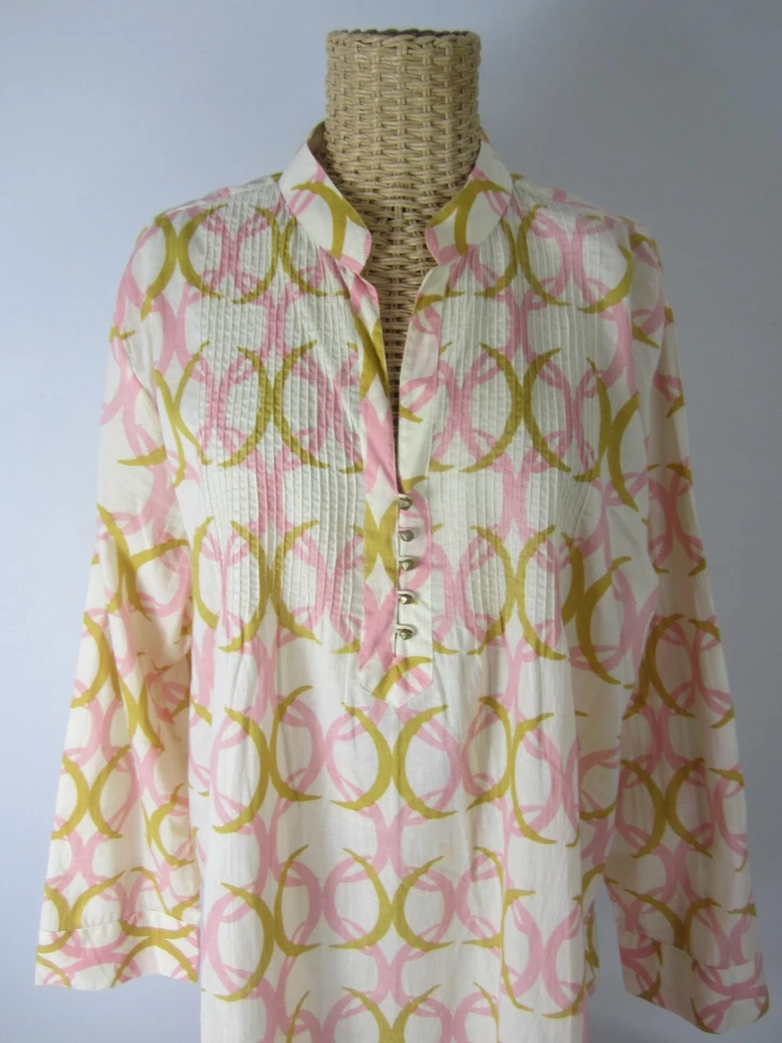 Le Sirenuse Womens XL Cream Pink Yellow LS Cotton Pinch Pleated Tunic Top Shirt - Image 4 of 4