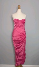 Pretty Little Thing Hot Pink Satin Bandeau Ruched Maxi Dress Size 8 BNWT Zip