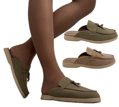 Damen Khaki Nude Flats Rückenfrei Halbschuhe Pantoletten Slipper Bequem Schuhe Größen