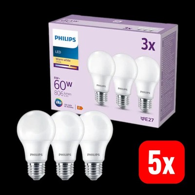 Philips LED-Lampe Birne E27 8W 806lm 2700K matt 3er-Set Warmweiß 5 SETS