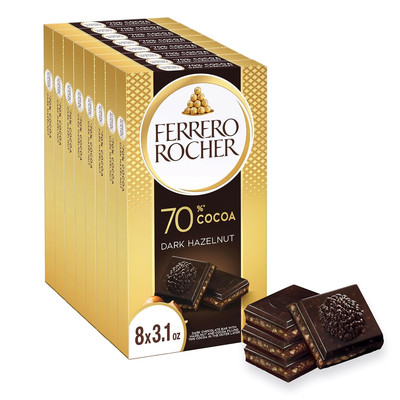 Ferrero Rocher Premium Chocolate Bar, 70% Dark Chocolate Hazelnut & Cocoa Fillin
