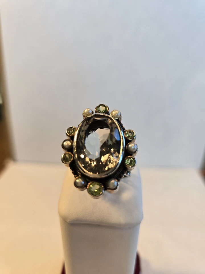 ANILLO PRASIOLITA ESTERLINA con Peridoto y Perla●TALLA 9.5 Foto 2 de 4