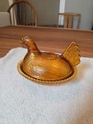 Vintage Indiana Glass Amber Hen on Nest Covered Dish Beaded Rim Chicken Bowl