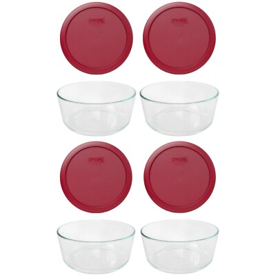 Pyrex 7203 7-Cup Glass Food Storage Bowl w/ 7402-PC Sangria Red Lid (4 ...