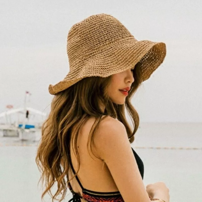 Femme Chapeau Paille Large Bord Pliable Souple Plage Soleil Bob