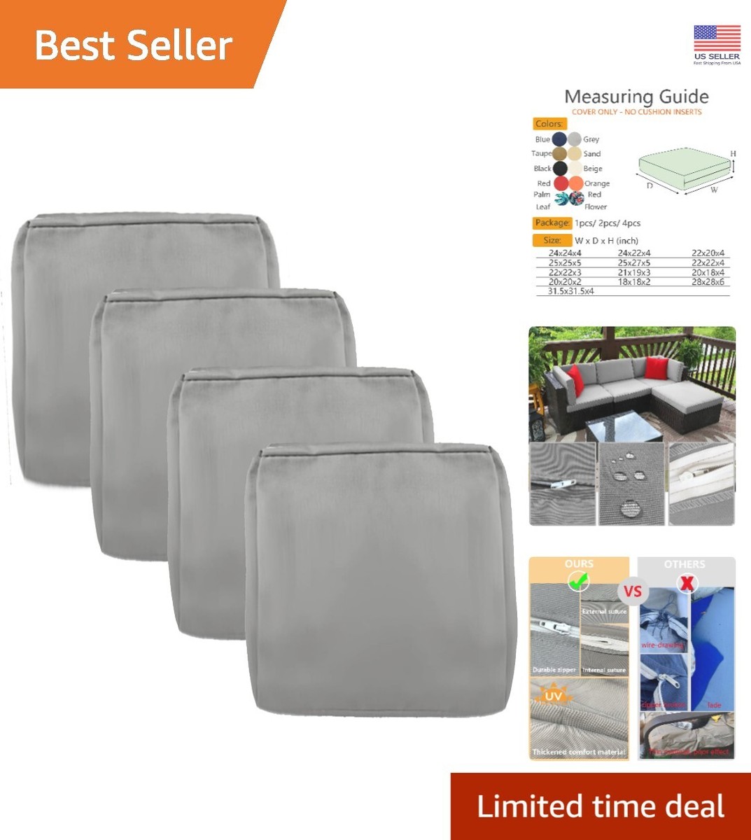 Fade-Resistant Grey Cushion Covers 4-Pack for Outdoor Furniture