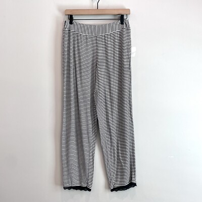 Soma Women's M Striped Lace Ankle Jersey Knit Pajama Sleep Pants Black White