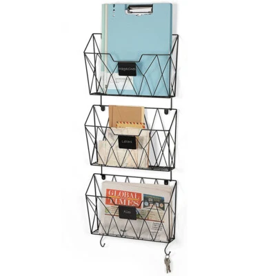 3 Pockets Mail Organizer Wall Hanging File Organizer with Hooks for Office Home - Image 1 of 4