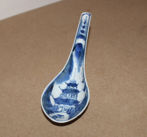 Antique Chinese Qing Canton Ware Blue & White Soup Spoon Rice Porcelain 6" long - Picture 1 of 19