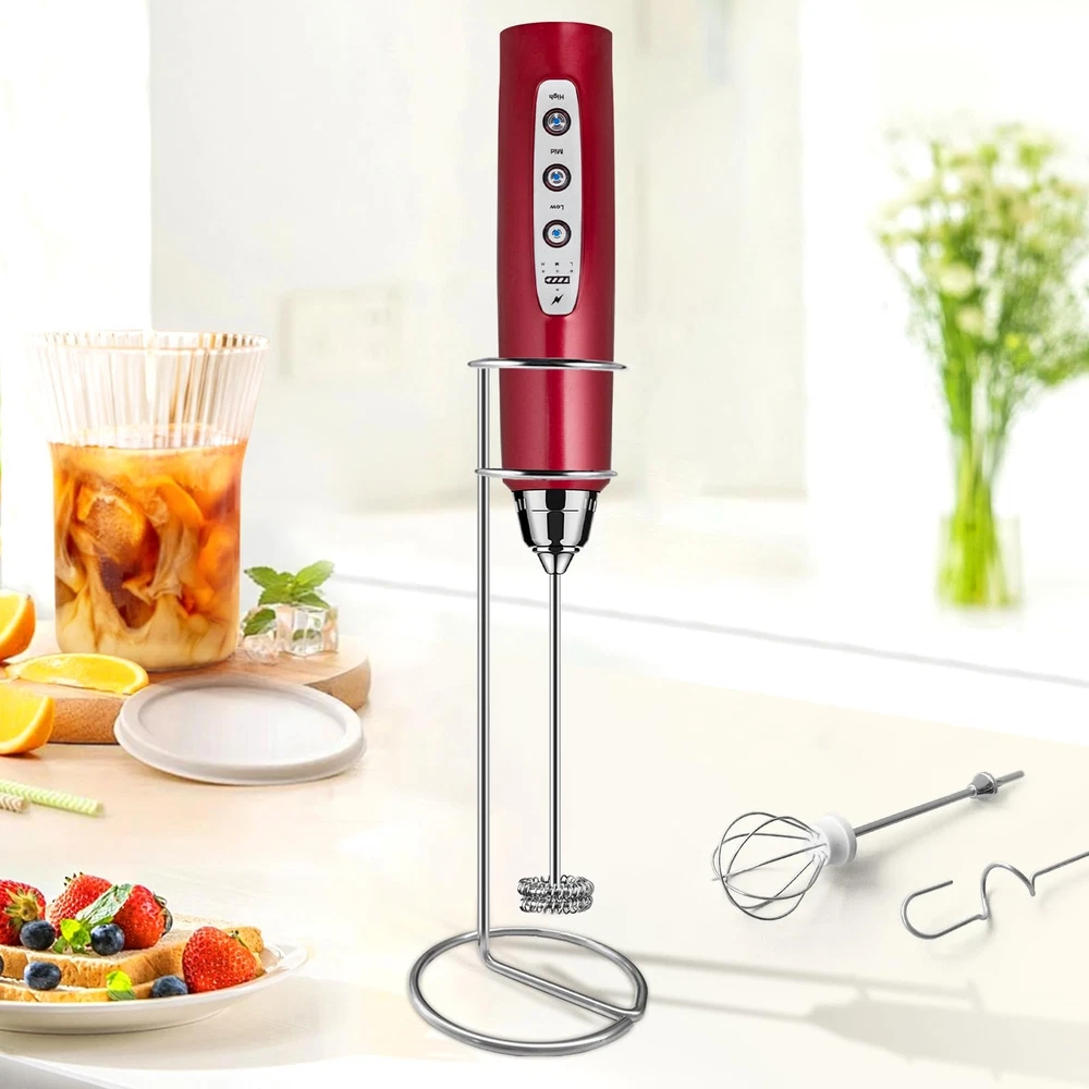 Milk Frother with Stand Rechargeable-Handheld Frother Wand with 3 Stainless W...