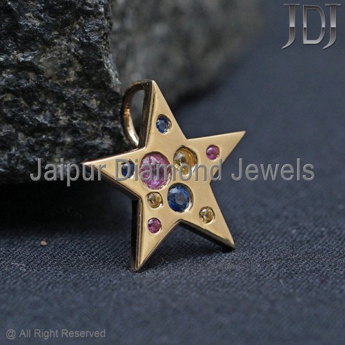 14k Oro Amarillo Macizo Natural Multi Zafiro Gema Estrella Dorada Colgante Charm - Imagen 13 de 14