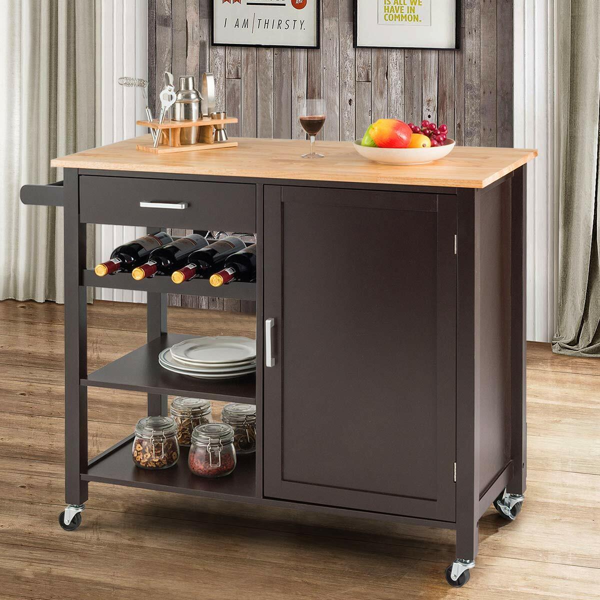 Brown Wooden Storage Cabinet Cooking Cutting Table Kitchen Island Sliding Doors For Sale Online Ebay