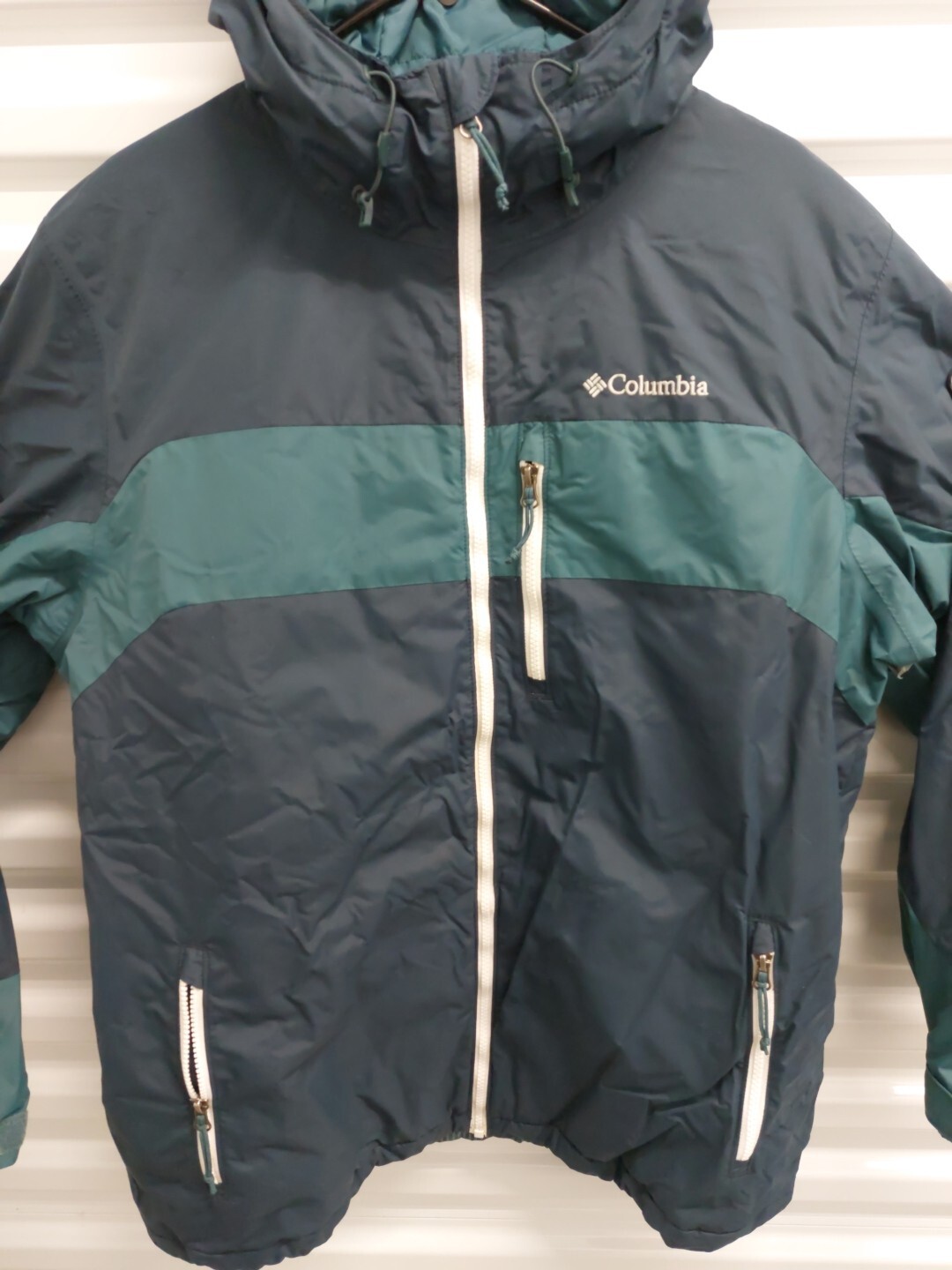 Columbia Mens Thermal Coil Hooded Jacket Size L Blue Full Zip Pockets EUC 