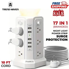 Surge Protector Power Strip Board 12 Outlets, 5 USB Ports, 10ft Extension Cord