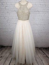 VTG Jovani Nude Cream Lace Tulle High Neck Jeweled Wedding Gown Dress 2