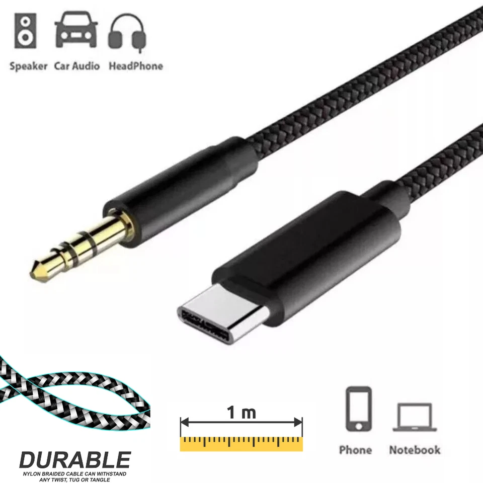 Aux Cable USB-C Type C to 3.5mm Samsung iPhone For Car Stereo Audio Adapter Jack - Image 2 of 4