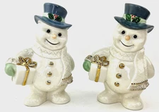 LENOX Frosty Snowman Figurines w/ Top Hat & Present Gold 6 " Pair Retired