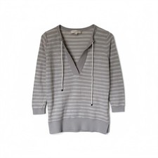LOFT Striped V Neck Tie Neck Sweater 3/4 Sleeve Women's XS Gray White Knit