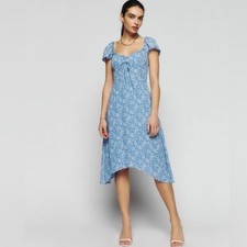 Reformation Maebry Milkmaid Asymmetric Midi Dress 10 Blue Floral Clio Print