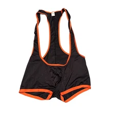 Men’s Fetish Wrestling Singlet XL Black Mesh Orange Trim Gay Clubwear 