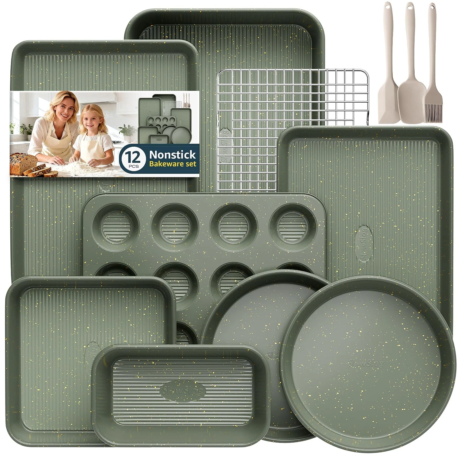12-Piece Nonstick Baking Set, Non-Toxic Bakeware Sets with 12PCS, Green