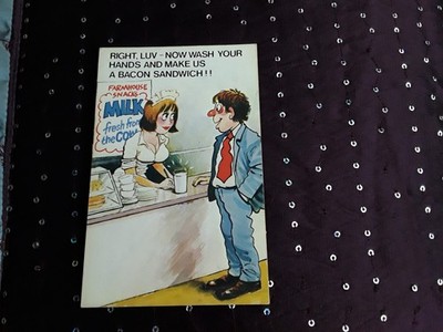 COMIC POSTKARTE MUTTERMILCH FÜTTERUNGSHUMOR. GROSSBUSIGE DAMENHERSTELLUNG SPECK SARNIE