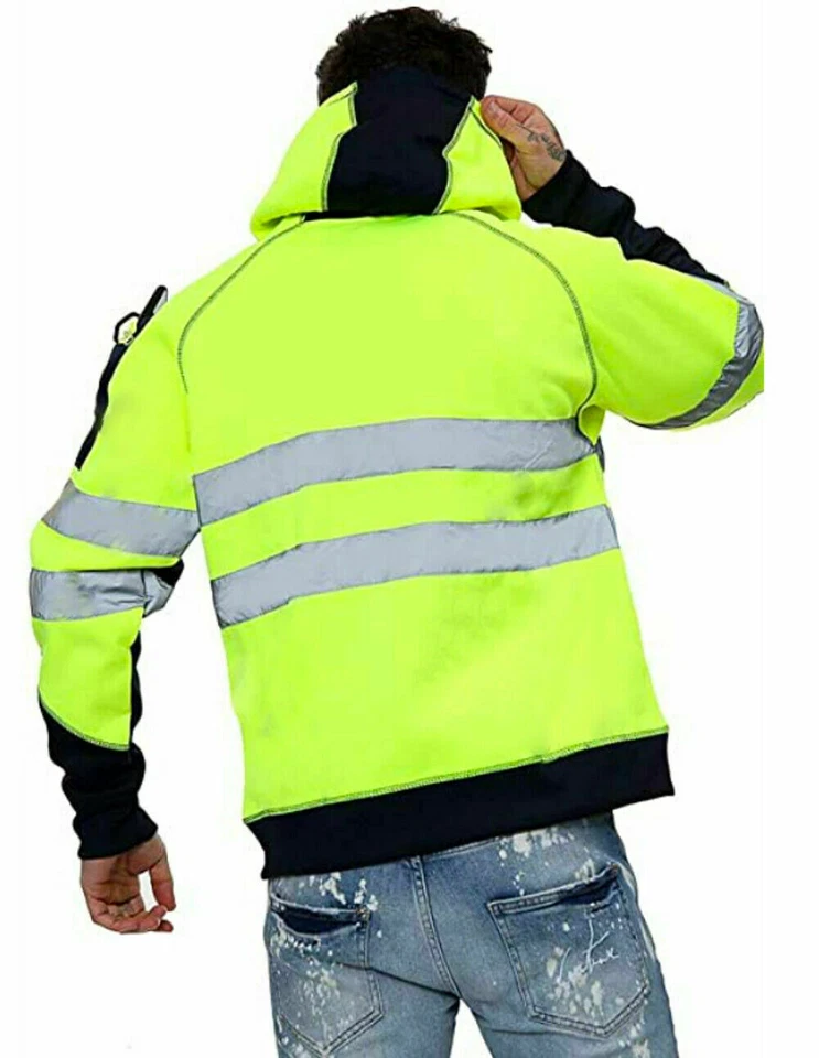Hi Viz Vis High Visibility Jacket Hoodie Work 3 Zip Hooded SweatShirt Fleece Top - Image 2 of 4