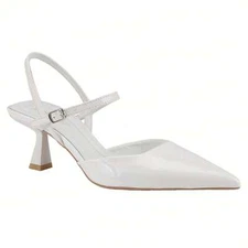 Women's Slingback Patent Kitten Heel Pointy Toe Ankle Strap Chunky Low Heel Pump